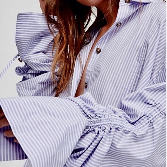 Free People Ruched Sleeve Blue Striped Collar Button Down Shirt - Picture 2 of 9